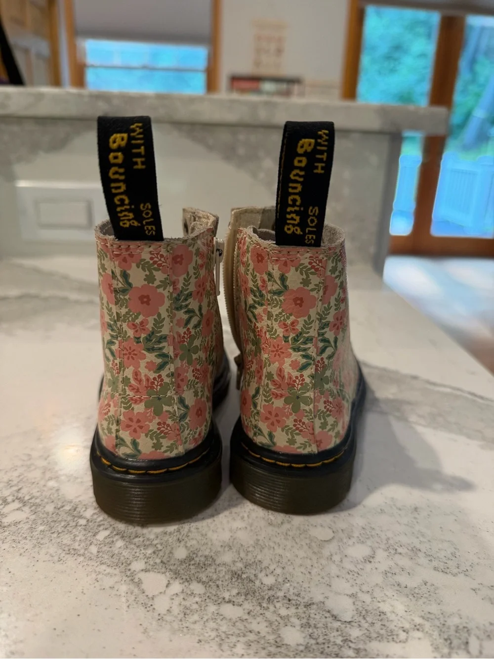 Dr. Martens Kids Floral Lace-Up Boots in Cream and Pink